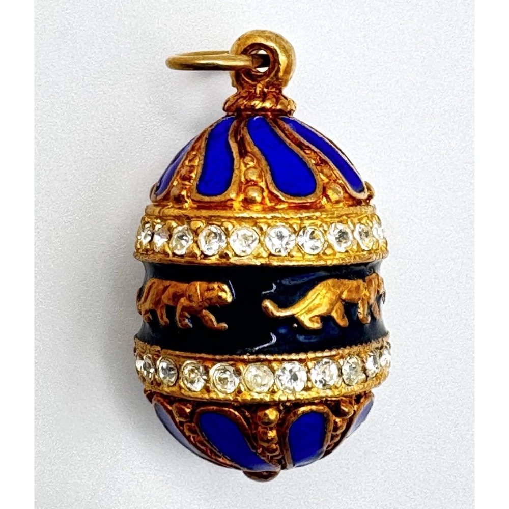 Alexandra International Enamel Egg Pendant Charm Blue Black Rhinestone 1"